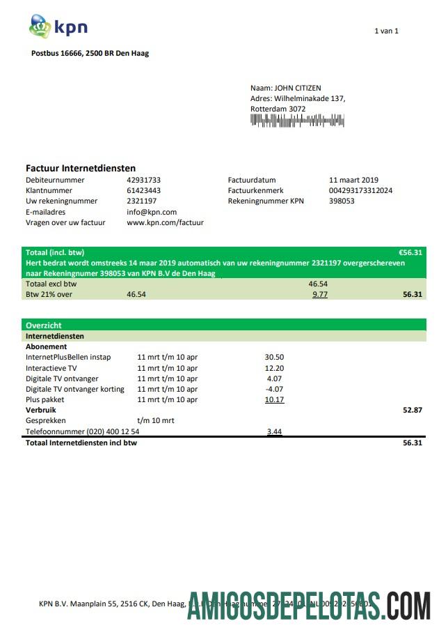 realista Modelo de conta de serviços públicos KPN da Holanda em formato Word e PDF